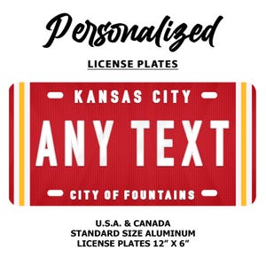 Kansas City Chiefs Personalized License Plate: Aluminum Car, Motorcycle, Bicycle Tag