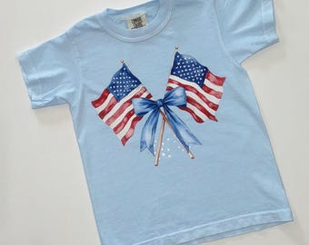Kids Patriotic Coquette Bow T-Shirt: 4th of July Flag Shirt