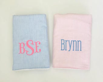 Custom Monogram Embroidered Seersucker Towel, Personalized Beach or Bath Towel
