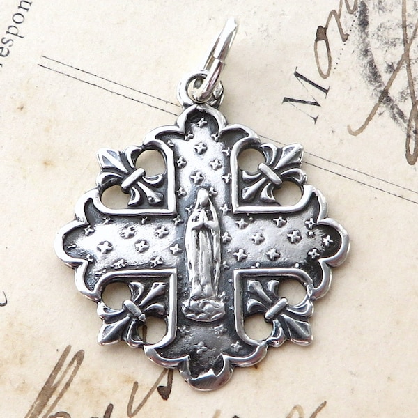 Marian Fleur-de-Lis Cross Medal - Sterling Silver Antique Replica