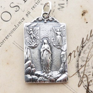 St Joan of Arc, St Michael, Virgin Mary, Jesus Medal - Sterling Silver Antique Replica