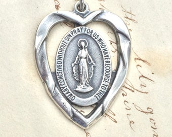 Miraculous Medal Heart Shaped - Sterling Silver Antique Replica