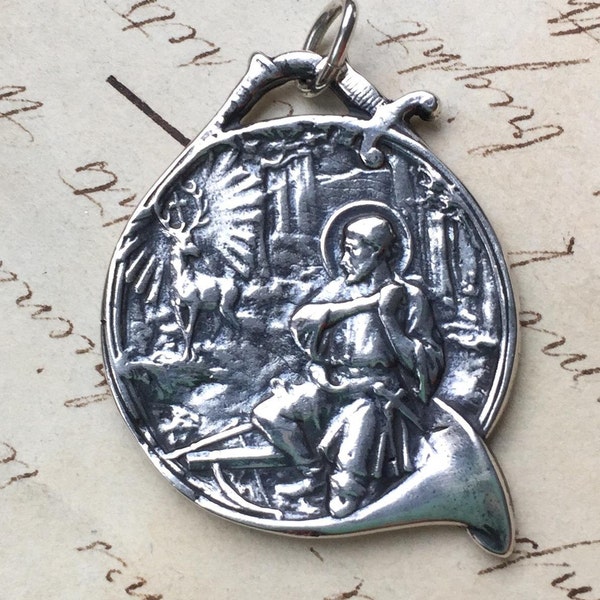 St Hubert Large Medal - Sterling Silver Antique Replica - Patron of hunters and dogs