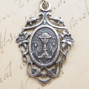 First Holy Communion with Eucharist & Lilies Medal - Sterling Silver Antique Replica