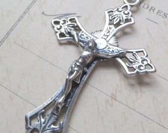 Etched Sterling Silver French Crucifix - Sterling Silver Antique Replica