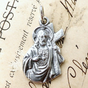 Figural Sacred Heart of Jesus Medal - Sterling Silver Antique Replica