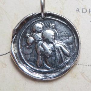 St Christopher Wax Seal Medal Patron of travelers, against storms & sailors Sterling Silver Antique Replica image 1