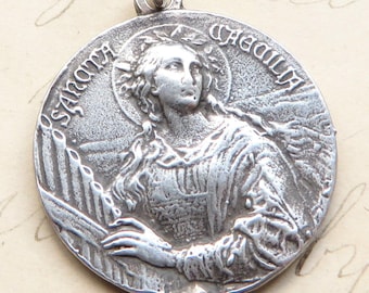 St. Cecilia Medaille - Schutzpatronin der Mädchen und Musiker - Antike Replik aus Sterlingsilber