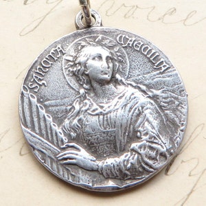 St Cecilia Medal - Patron of girls and musicians - Sterling Silver Antique Replica
