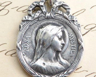 Virgin Mary Rosa Mystica / Our Lady of Fourviere Medal - Sterling Silver Antique Replica