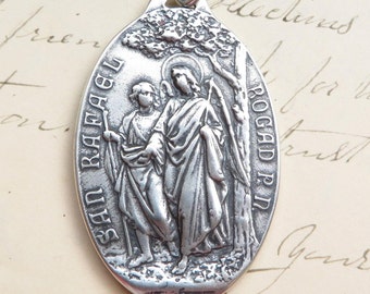 Archangel St Raphael / Our Lady of Pilar Large Medal - Sterling Silver Antique Replica - Patron of doctors and nurses