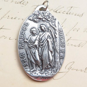 Archangel St Raphael / Our Lady of Pilar Large Medal - Sterling Silver Antique Replica - Patron of doctors and nurses