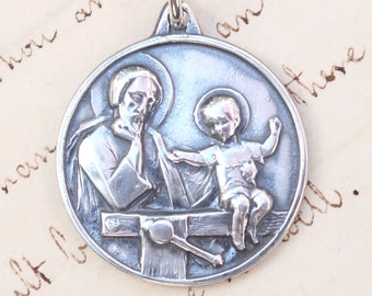 St Joseph Workbench Medal - Sterling Silver Antique Replica - Patron of fathers and grandfathers