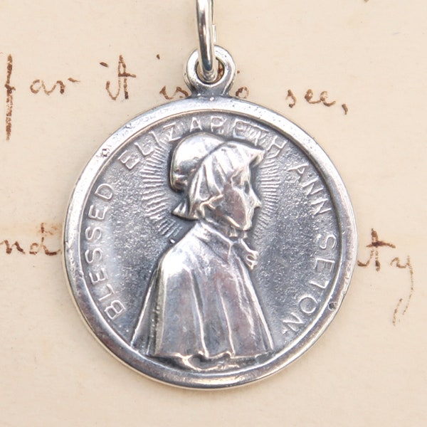 St Elizabeth Seton zegen medaille - beschermheer van weduwen en leraren - Sterling Zilver antieke Replica