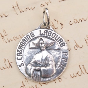 St Catherine Labouré Medal  -  Patron of Waiters and Waitresses  -  Sterling Silver Antique Replica