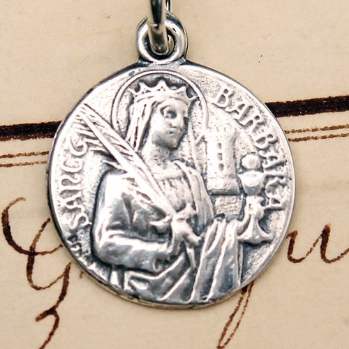 Sterling Silver St Barbara Medal Necklace 3/4 inch Round Italy 0.8mm Chain 