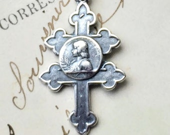 St Joan of Arc Cross of Lorraine Medal - Sterling Silver Antique Replica - Patron of strong women, soldiers, prisoners & France