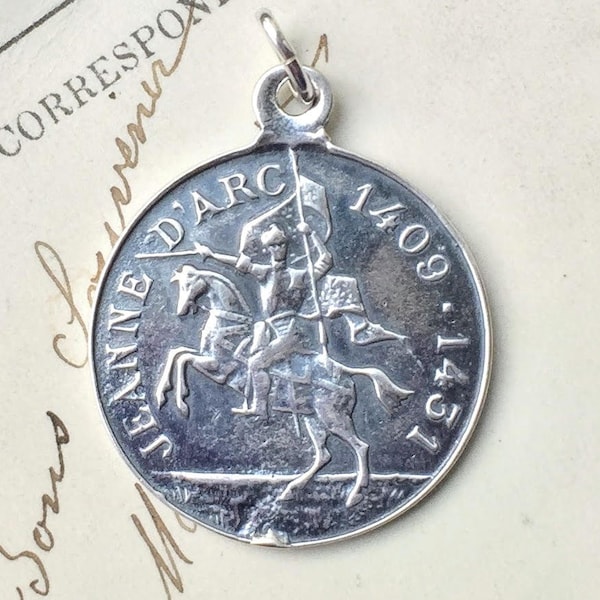 St Joan of Arc on Horseback Medal - Sterling Silver Antique Replica - Patron of strong women, soldiers, prisoners & France
