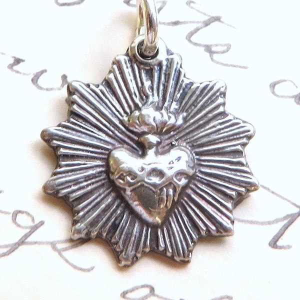 Radiant Sacred Heart of Jesus Medal - Sterling Silver Antique Replica