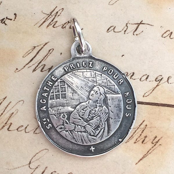 St Agatha Etched Medal - Sterling Silver Antique Replica - Patrons against breast cancer