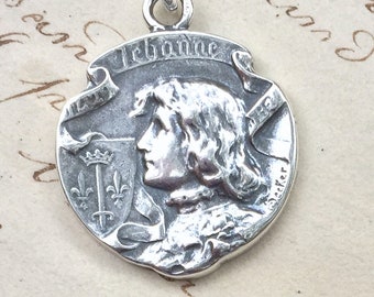 St Joan of Arc Banner Medal - Sterling Silver Antique Replica - Patron of strong women, soldiers, prisoners & France