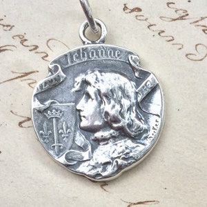 St Joan of Arc Banner Medal - Sterling Silver Antique Replica - Patron of strong women, soldiers, prisoners & France
