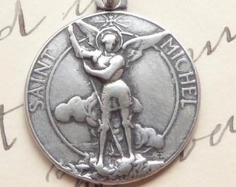 St Michael the Archangel Medal - Sterling Silver Antique Replica - Patron of police, soldiers, EMTs & against temptations
