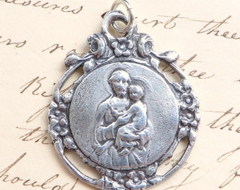 St Joseph Wreath Medal - Sterling Silver Antique Replica - Patron of fathers