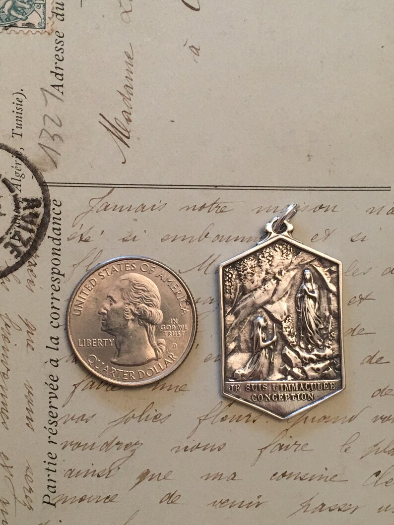 Our Lady of Lourdes Virgin Mary Medal - Sterling Silver Antique Replica ...
