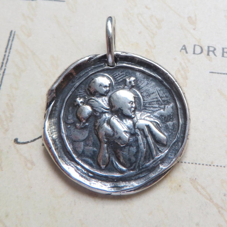 St Christopher Wax Seal Medal Patron of travelers, against storms & sailors Sterling Silver Antique Replica image 1