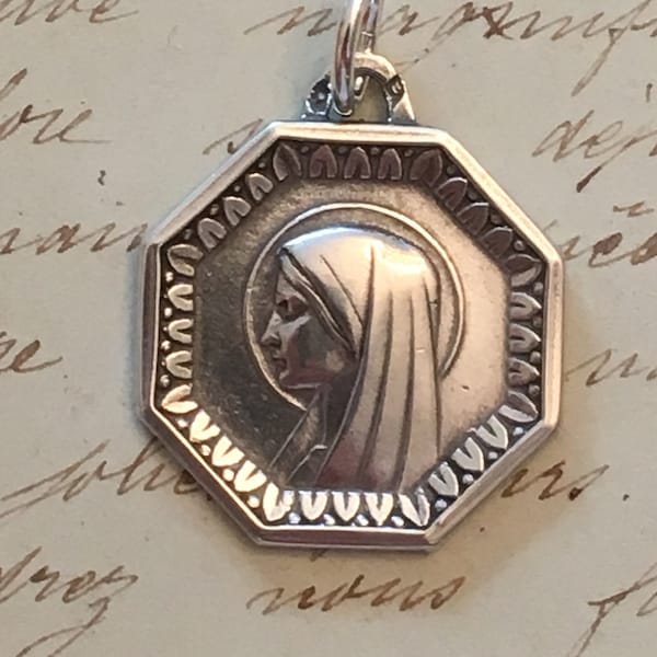 Virgin Mary Octagonal Medal - Sterling Silver Antique Replica