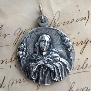 Virgin Mary with Angels Medal - Sterling Silver Antique Replica