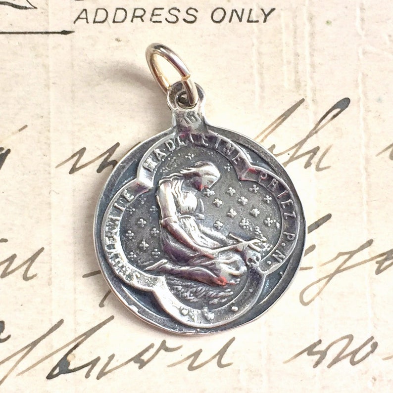 Contemplative St Mary Magdalen Medal  Sterling Silver Antique image 0