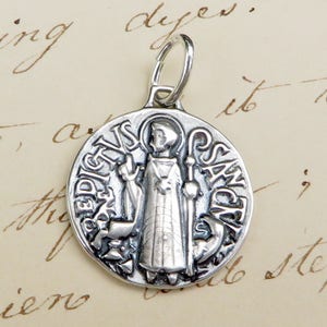 St Benedict Medal Art Deco Style - Sterling Silver Antique Replica - Patron against temptation & evil