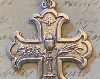 Cross With Eucharist Medal - Sterling Silver Antique Replica