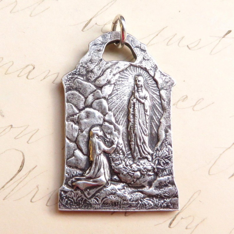 Our Lady of Lourdes Virgin Mary Medal - Sterling Silver Antique Replica ...