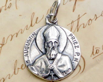 St Augustine / Augustin Medal - Patron of students, beer lovers, printers, theologians - Sterling Silver Antique Replica