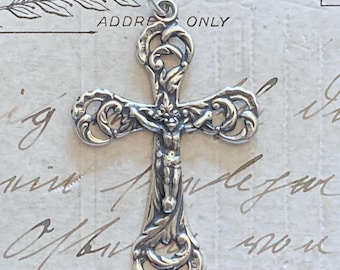 Crucifix with Scrollwork Medal – Sterling Silver Antique Replica