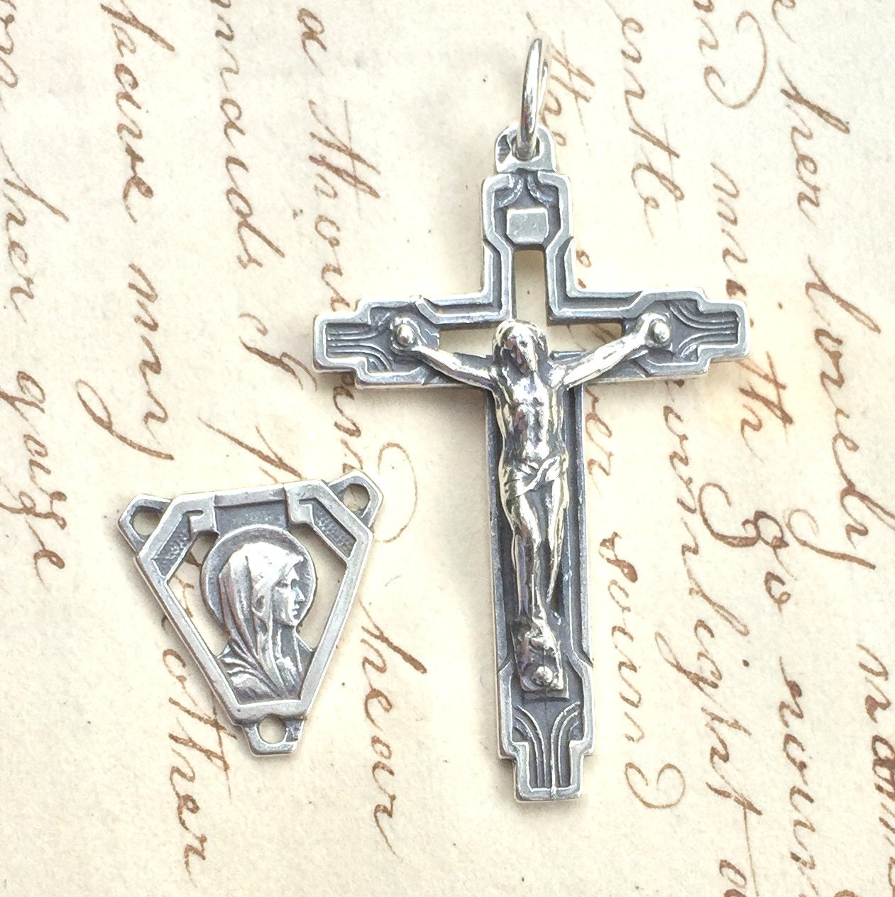 Virgin Mary Art Deco Rosary Center - Sterling Silver Antique