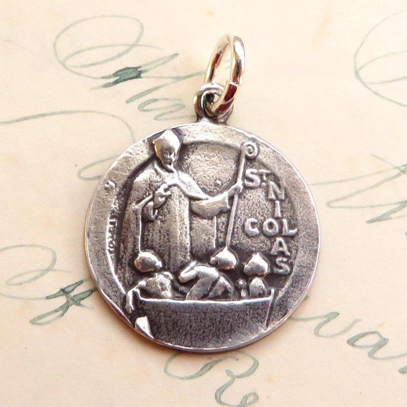 St Nicholas Medal Sterling Silver Antique Replica Patron of children, against robbery image 1