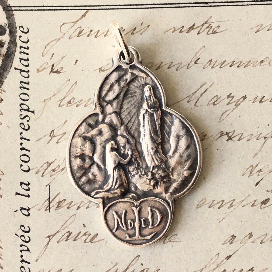 Our Lady of Lourdes Virgin Mary Medal - Sterling Silver Antique Replica ...