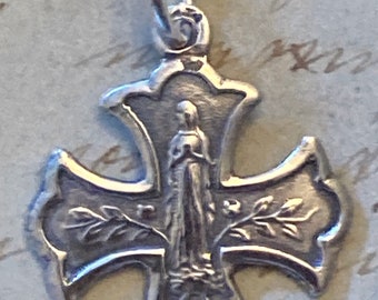 Small Virgin Mary Cross Medal - Sterling Silver Antique Replica