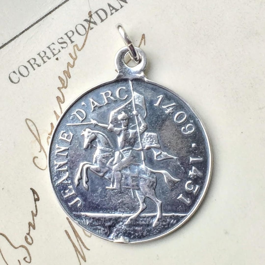 St Joan of Arc on Horseback Medal - Sterling Silver Antique