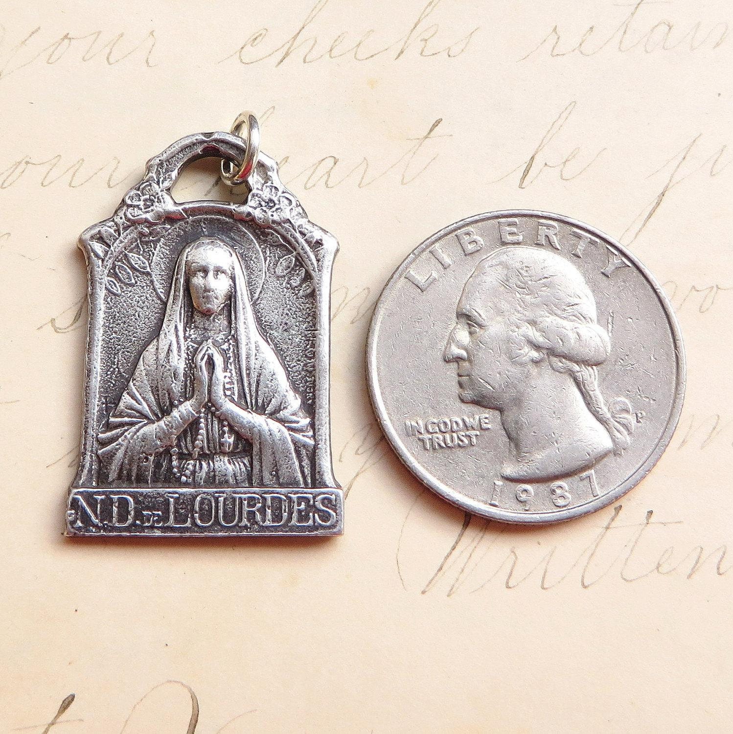 Our Lady of Lourdes Virgin Mary Medal - Sterling Silver Antique Replica ...