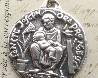 St Joseph Large Medal - Sterling Silver Antique Replica - Patron of fathers and grandfathers