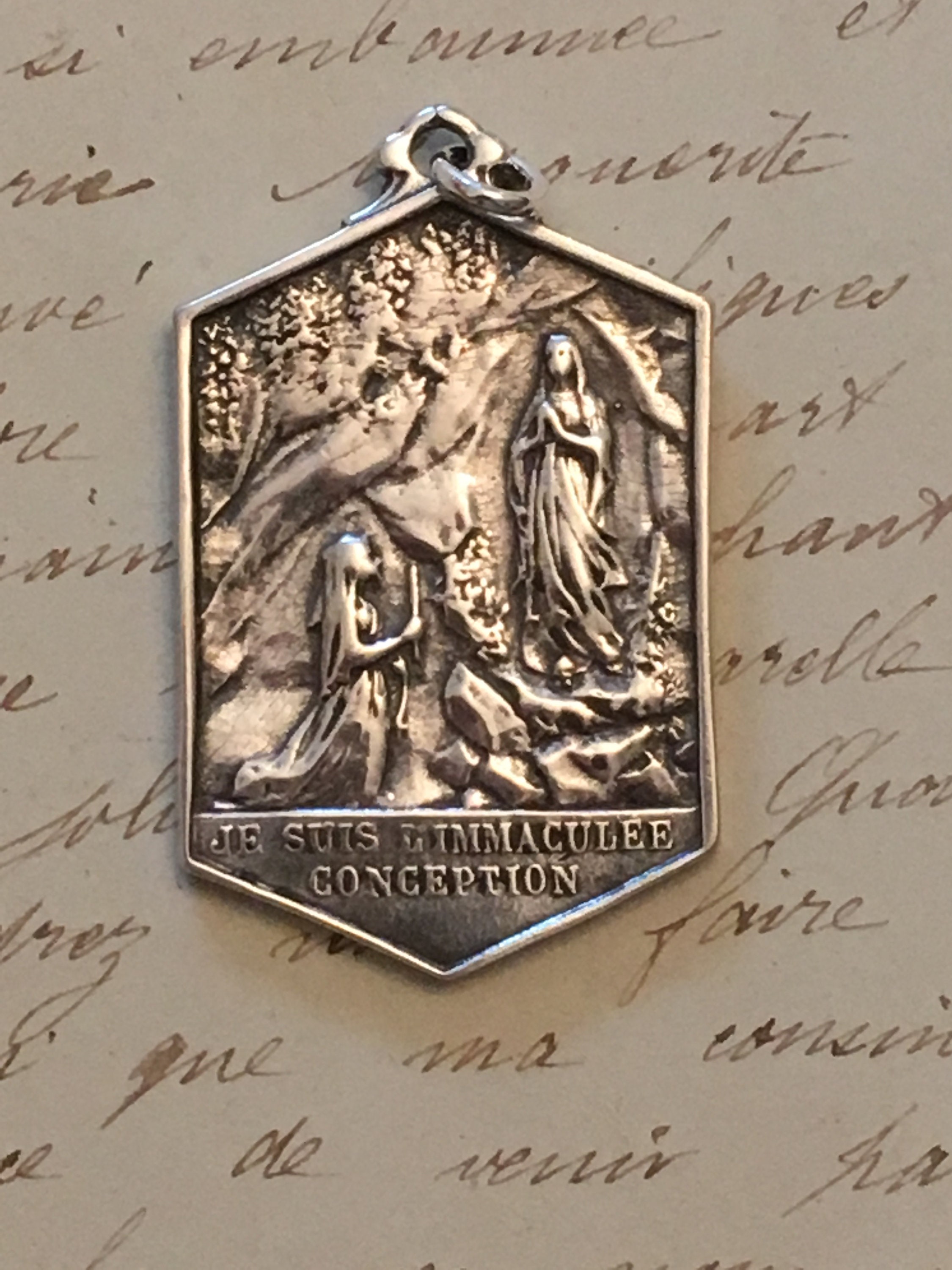 Our Lady of Lourdes Virgin Mary Medal - Sterling Silver Antique Replica ...
