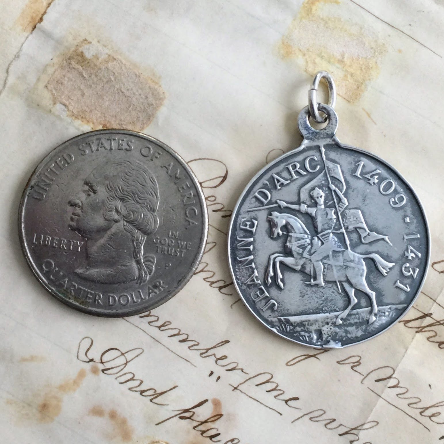 St Joan of Arc on Horseback Medal - Sterling Silver Antique