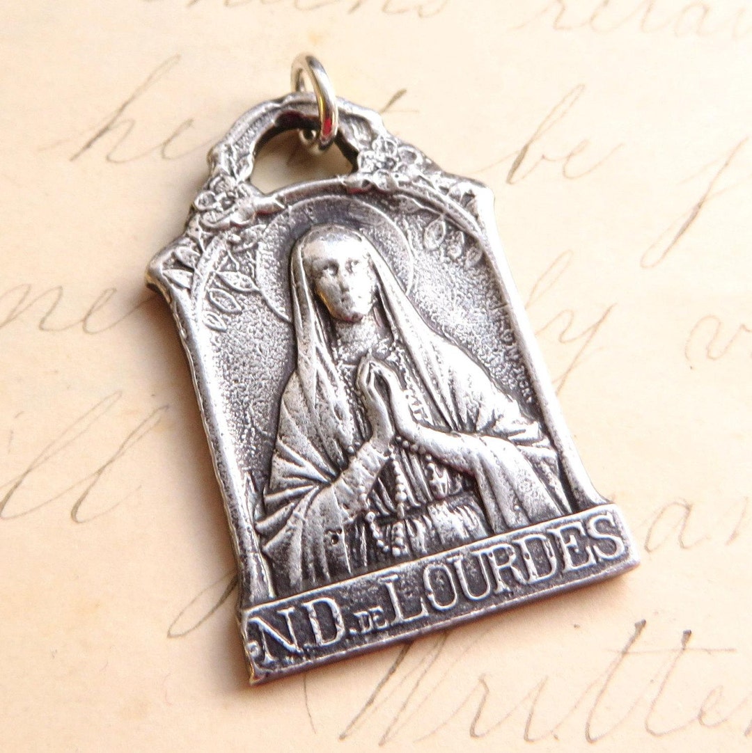 Our Lady of Lourdes Virgin Mary Medal - Sterling Silver Antique Replica ...