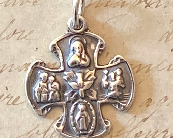 Four Way Cross Scapular Medal - Sterling Silver Antique Replica