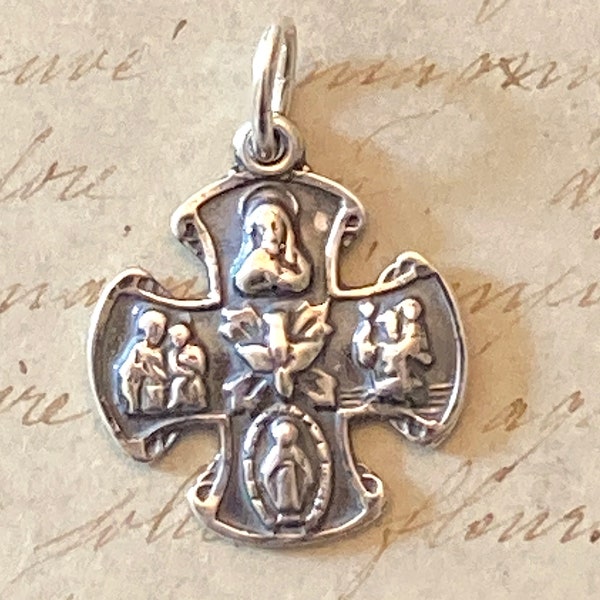 Four Way Cross Scapular Medal - Sterling Silver Antique Replica